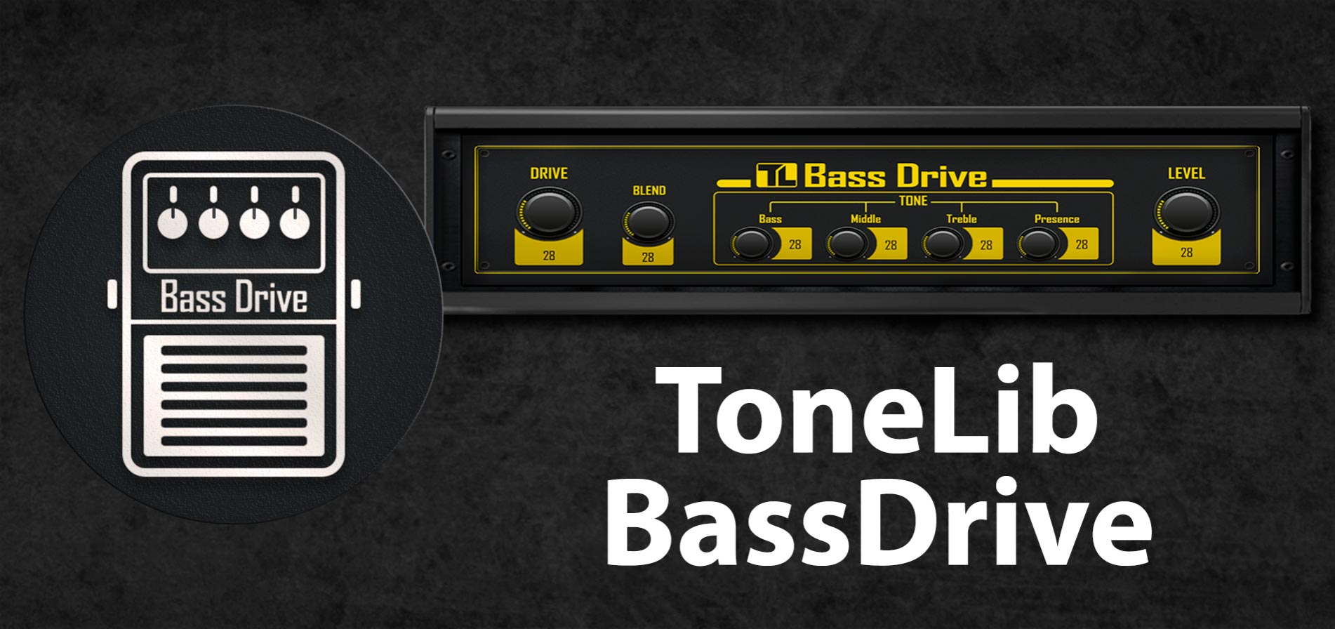 ToneLib BassDrive - Thumbnail with icon and rack-styled version of TL BassDrive interface.