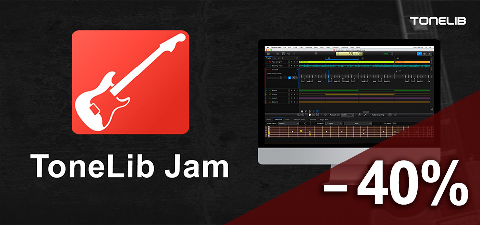 ToneLib Jam - Thumbnail with Logo and  TL Jam running on a Mac-like PC.