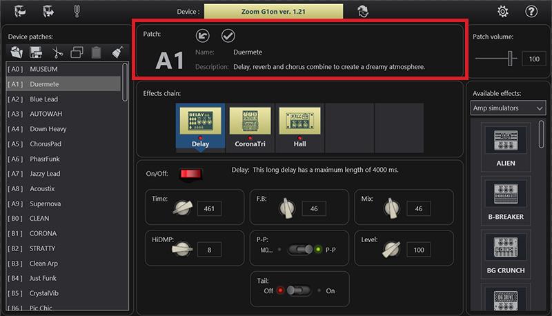 Edit the patch name and description on the 'Patch' panel.